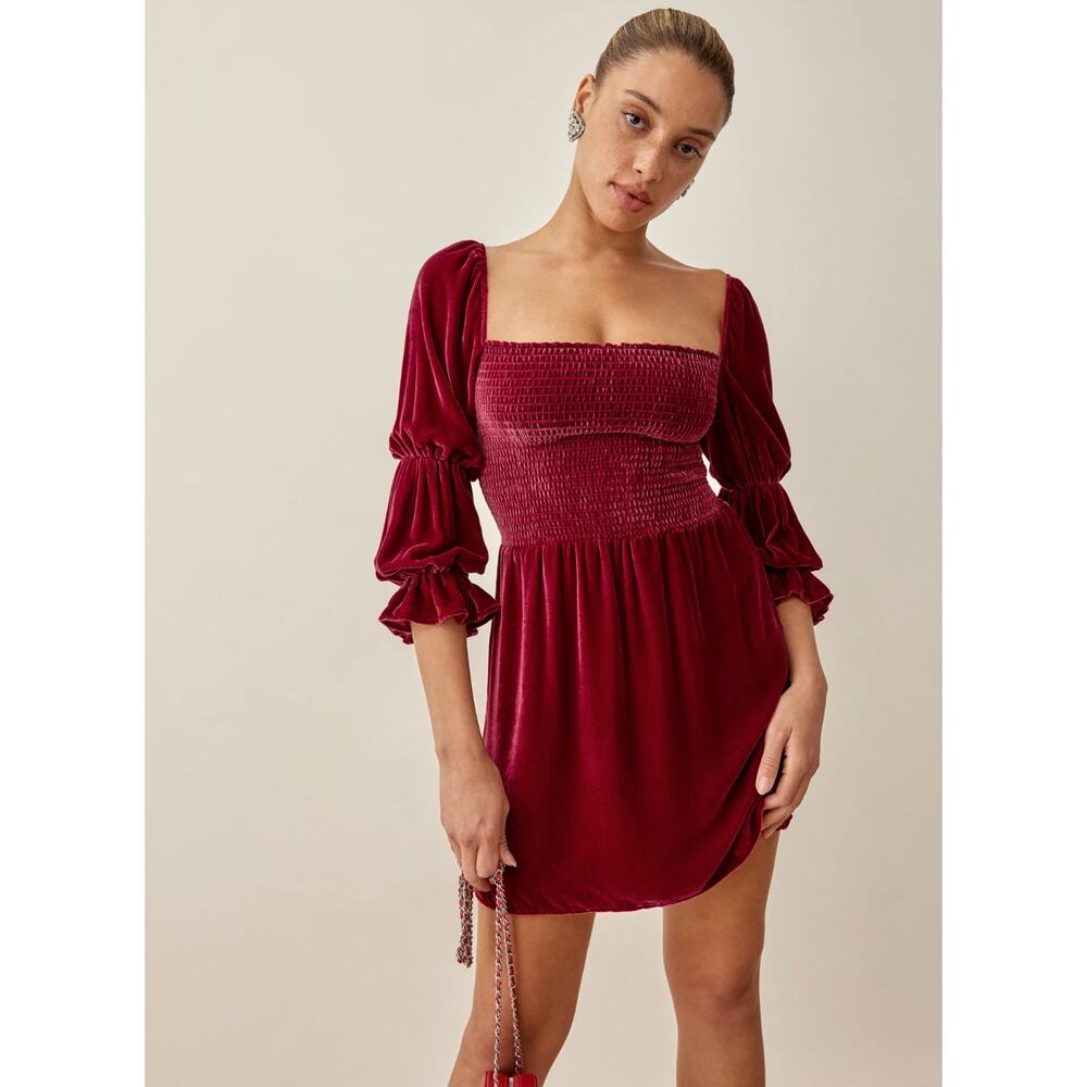 Reformation Albi Crimson Red Velvet Smocked Long Sleeve Dress Size Small